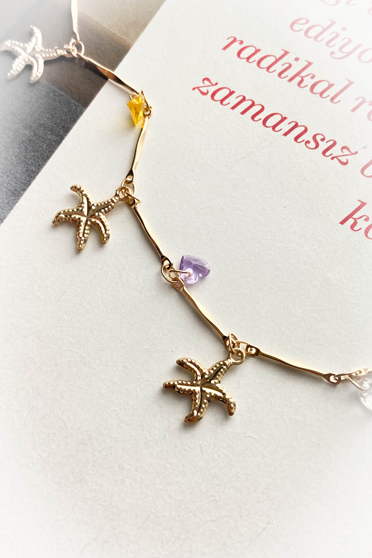 roshel Çelik Y Kolye Taşlı Kalp,Kelebek ve Deniz Kabuğu Figürlü - Görsel 2