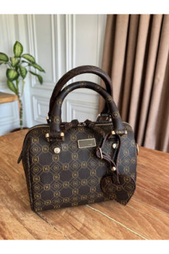 MyleeButik Kahverengi Kadın Monogram Desenli Kalp Charm El ve Omuz Çantası