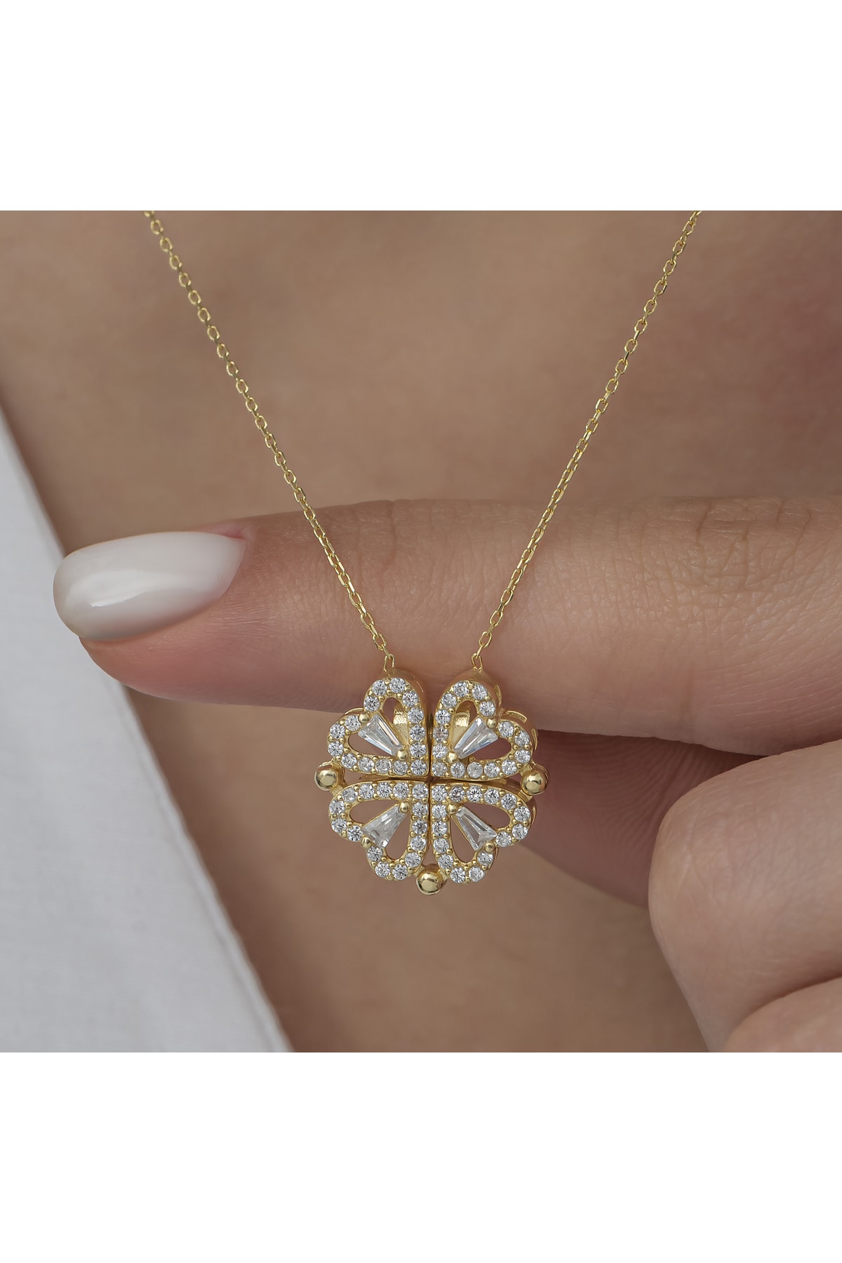 klas gümüş Kalpli Açılabilir Yonca Figürlü Gold Kolye-925 Ayar Gümüş