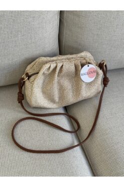 BAGLOVİS AĞZI BÜZGÜLÜ FERMUAR VE ÇITÇIT KAPATMALI HASIR DOKULU KADIN OMUZ ÇANTASI EN25 BOY15