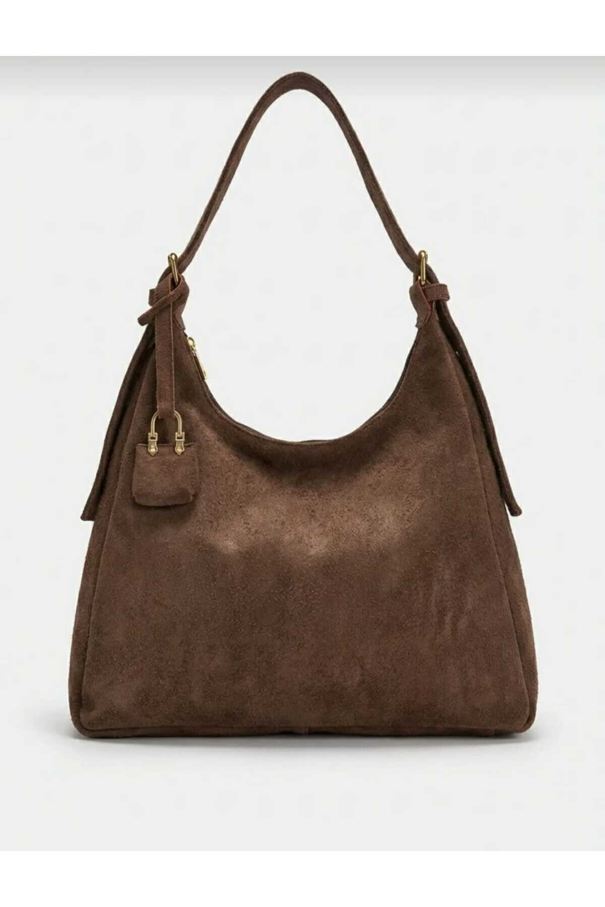 Shkup Süet Kahve Kadın Omuz Çantası Salaş Astarlı Fermuar Kapamalı Ayarlanabilir Omuz Askı charmlı