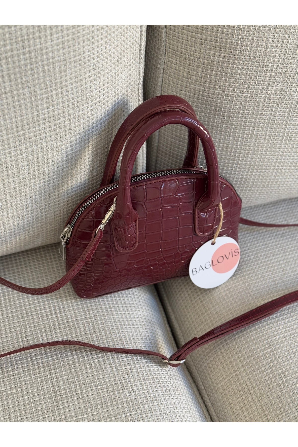 BAGLOVİS KROKO DERİ MİNİK EL VE ÇAPRAZ BORDO KADIN OMUZ ÇANTASI EN18 BOY12