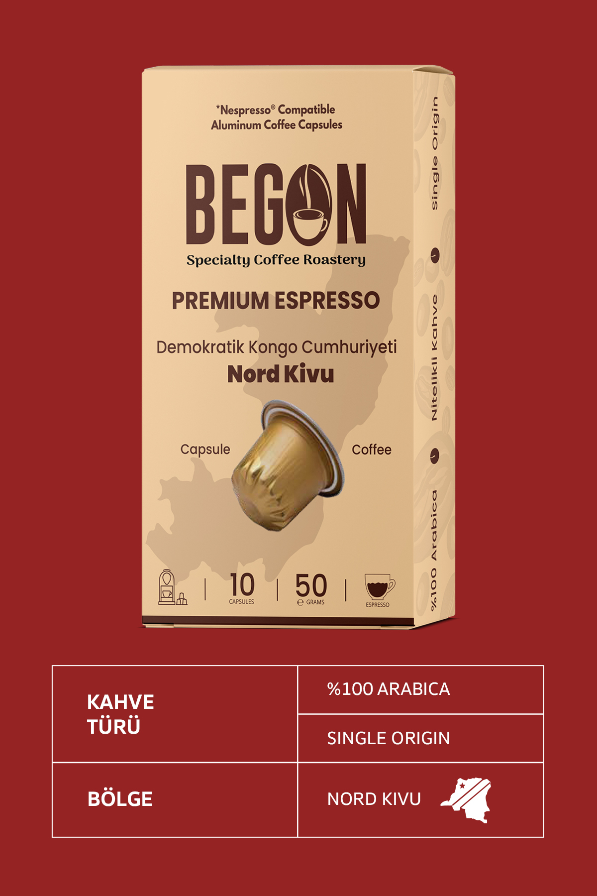 BEGON Nord Kivu Nespresso Uyumlu Alüminyum Kapsül Kahve Premium Espresso - 10 Adet - Görsel 3