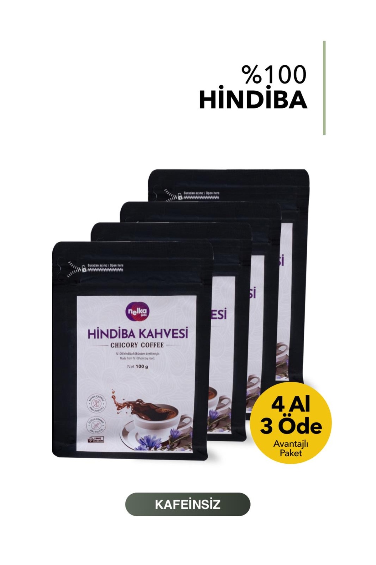 NELKA %100 Hindiba Kahvesi (Chicory Coffee) -100 g x 4 (4 al 3 öde)