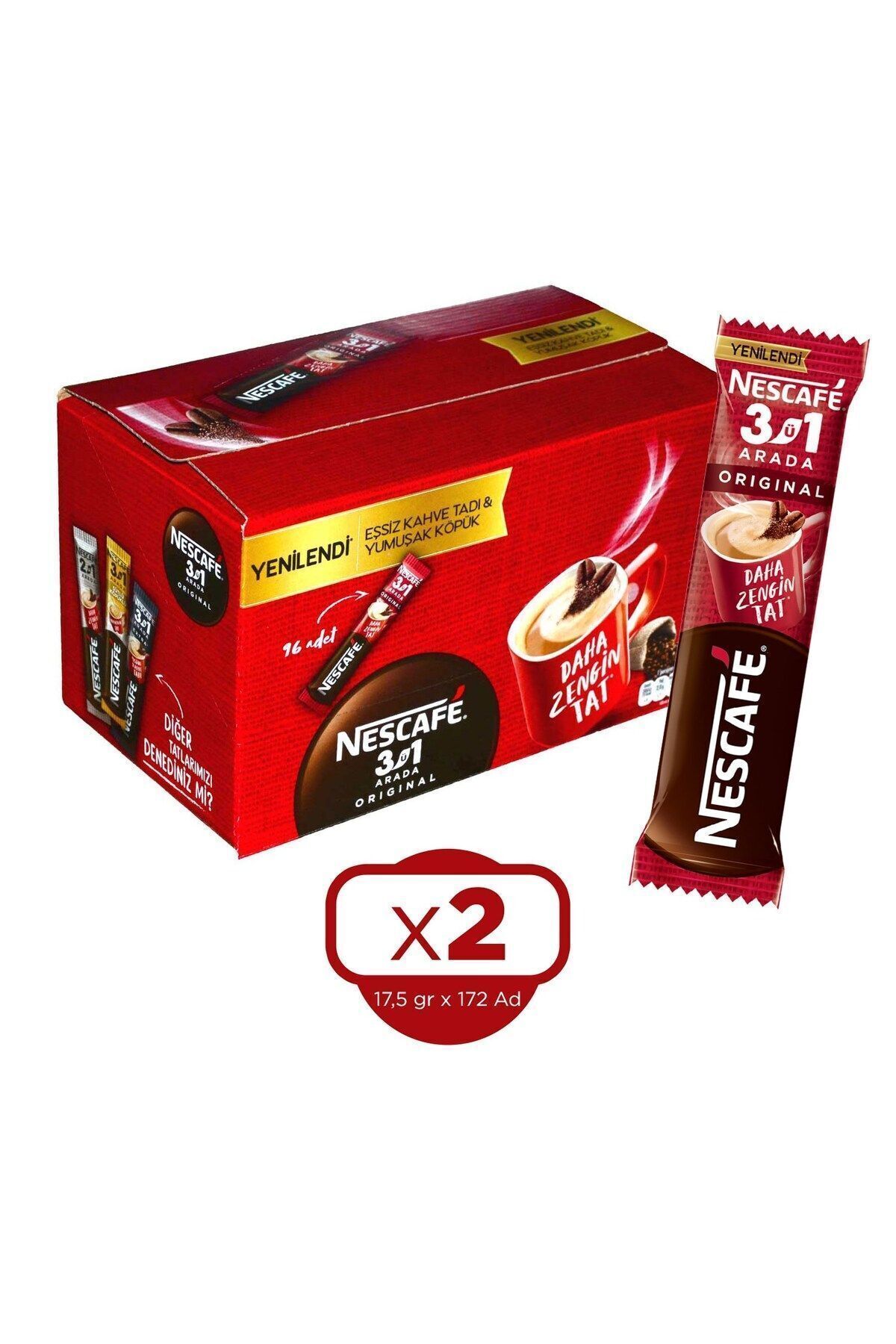 Nescafe 3 ü 1 Arada Original 17,5 gr 96 lı x 2 Kutu (192 Adet)