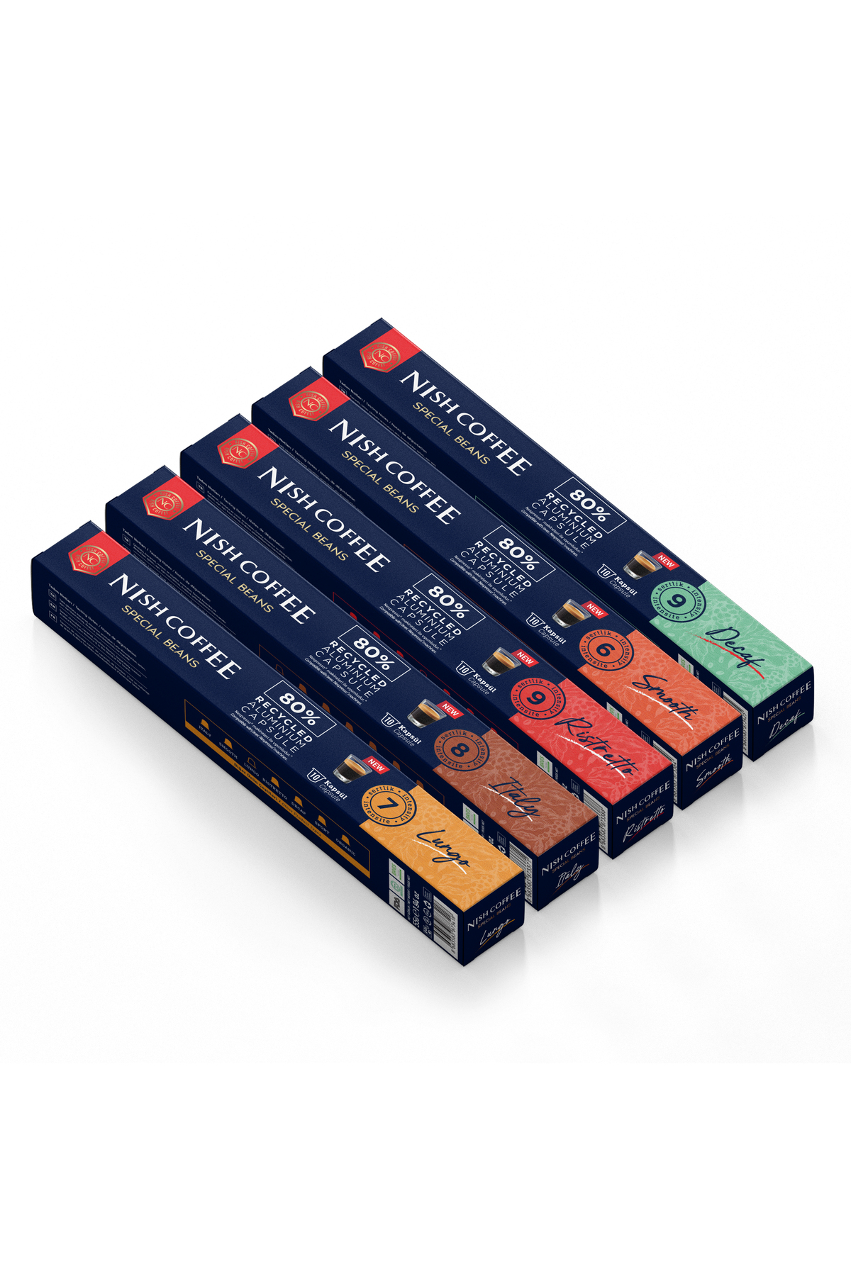 Nish Coffee Nespresso Uyumlu Kapsül Kahve 5'li Set (Lungo,Italy,Risteretto,Smooth,Decaf)-50 Adet
