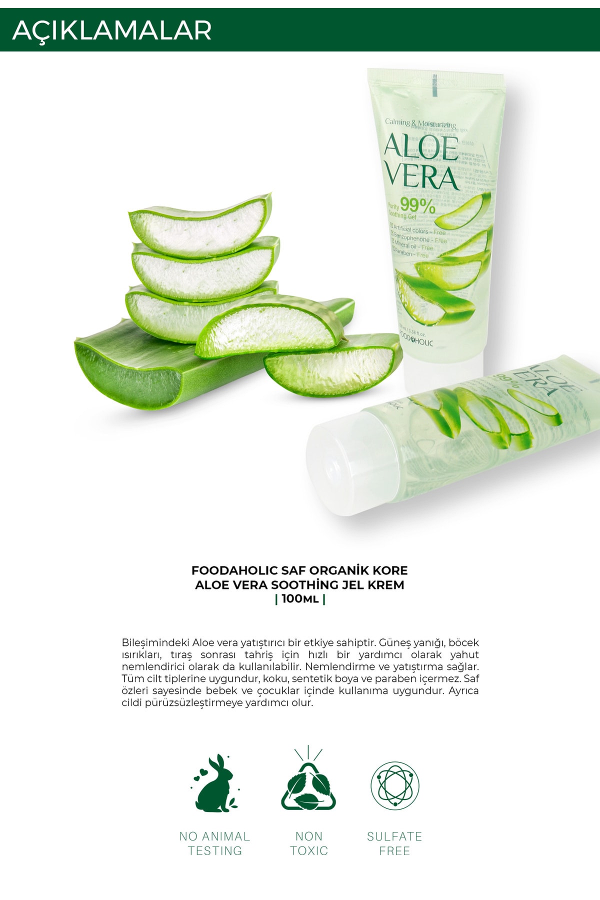 FOODAHOLIC Saf Organik Kore Aloe Vera Yatıştırıcı Soothing Jel Krem 100 ml - Görsel 2