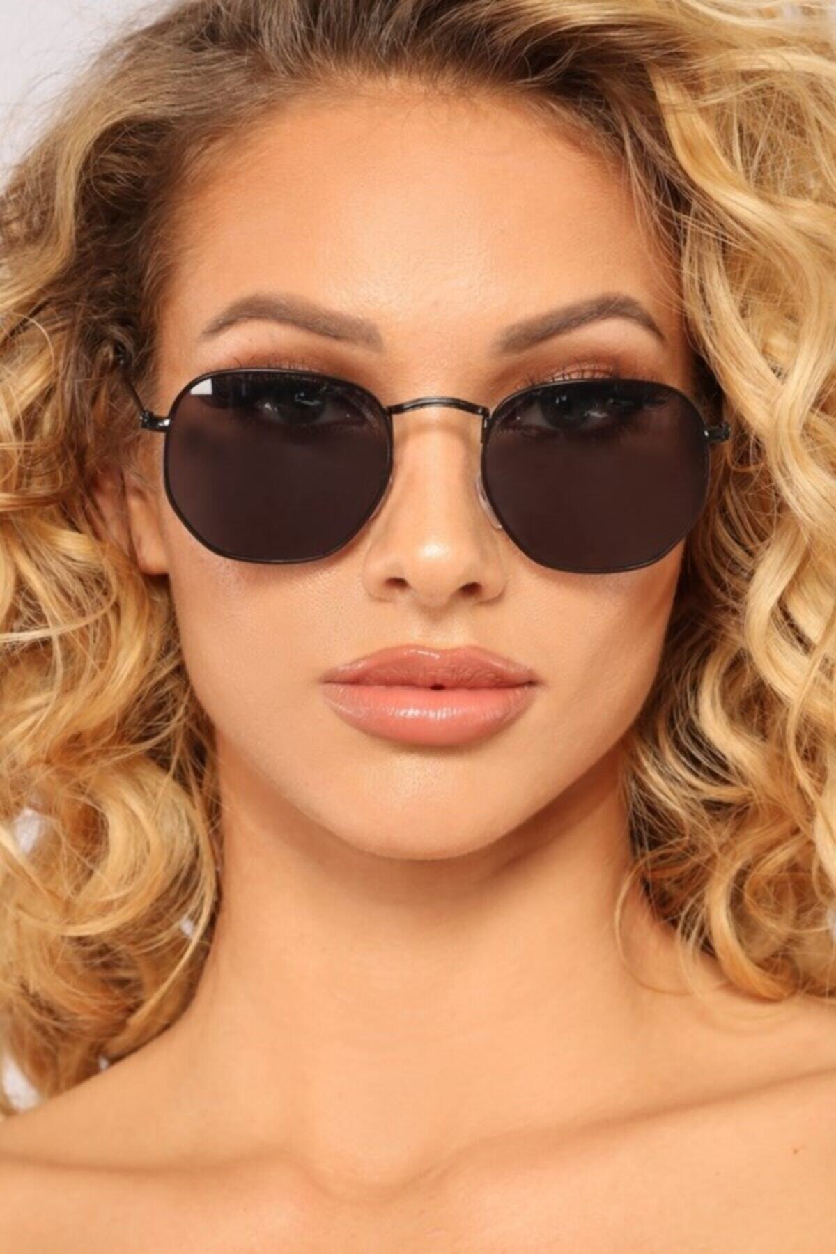 Coco Up Siyah Metal Çerçeveli Küçük Beşgen Güneş Gözlüğü - Görsel 2