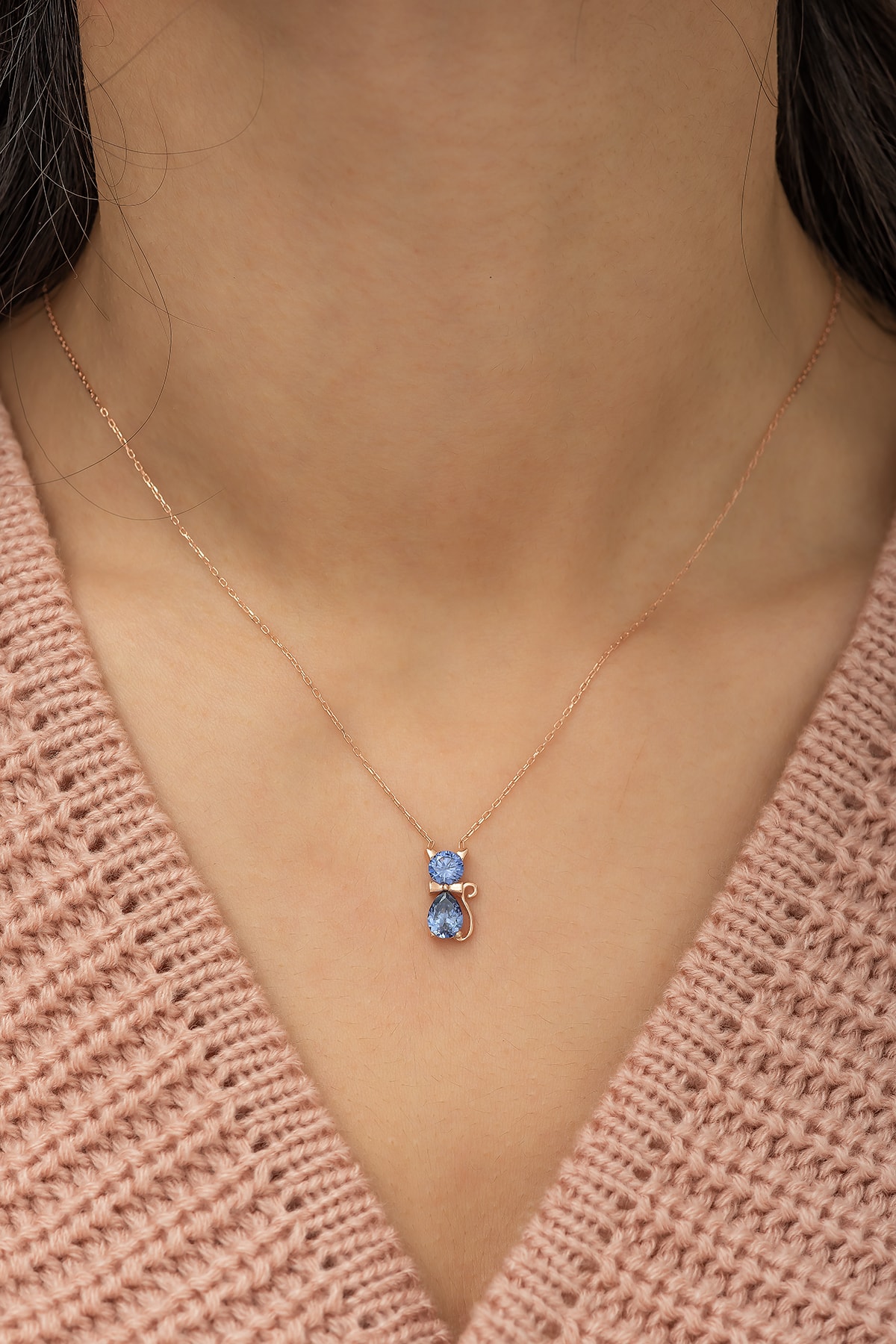 Nereze Kadın Tanzanit Taşlı Kedi Gümüş Kolye - Görsel 2