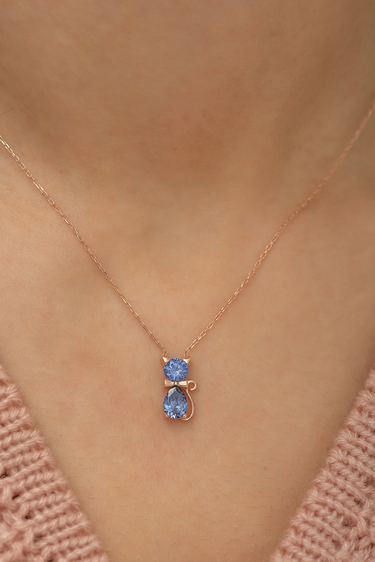 Nereze Kadın Tanzanit Taşlı Kedi Gümüş Kolye - Görsel 3