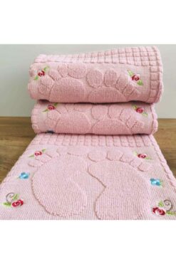 AYHANHOME 3 Adet Pudra Renk Nakışlı Ayak Havlusu %100 Pamuk Ölçü:50x70