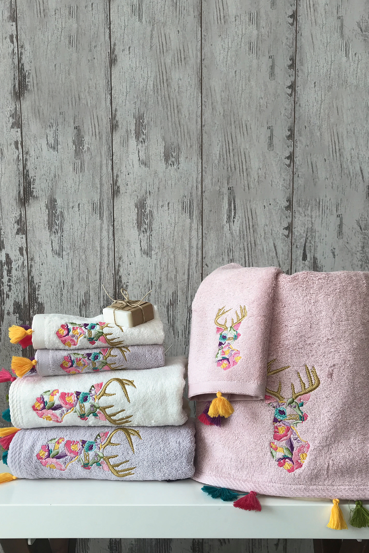 MARİBOR GEYİK - %70 Bambu / %30 Pamuk Nakışlı El Havlusu - 6'lı Set 50x90