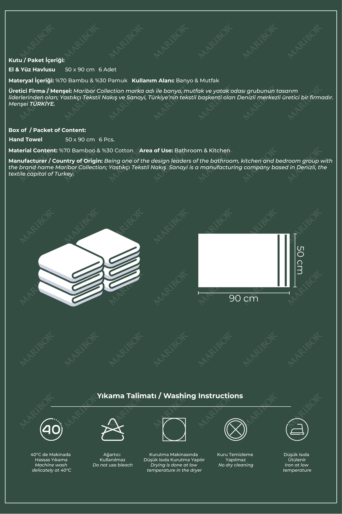 MARİBOR GEYİK - %70 Bambu / %30 Pamuk Nakışlı El Havlusu - 6'lı Set 50x90 - Görsel 2