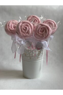 S&R 5 Adet Bebek Hediyelik Lolipop Görünümlü Havlu Pembe Welcome Baby İngilizce Yazılı