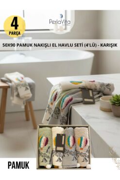 Dantela Kapadokya 50X90 PAMUK NAKIŞLI VE PÜSKÜLLÜ EL HAVLU SETİ (4'LÜ) - KARIŞIK