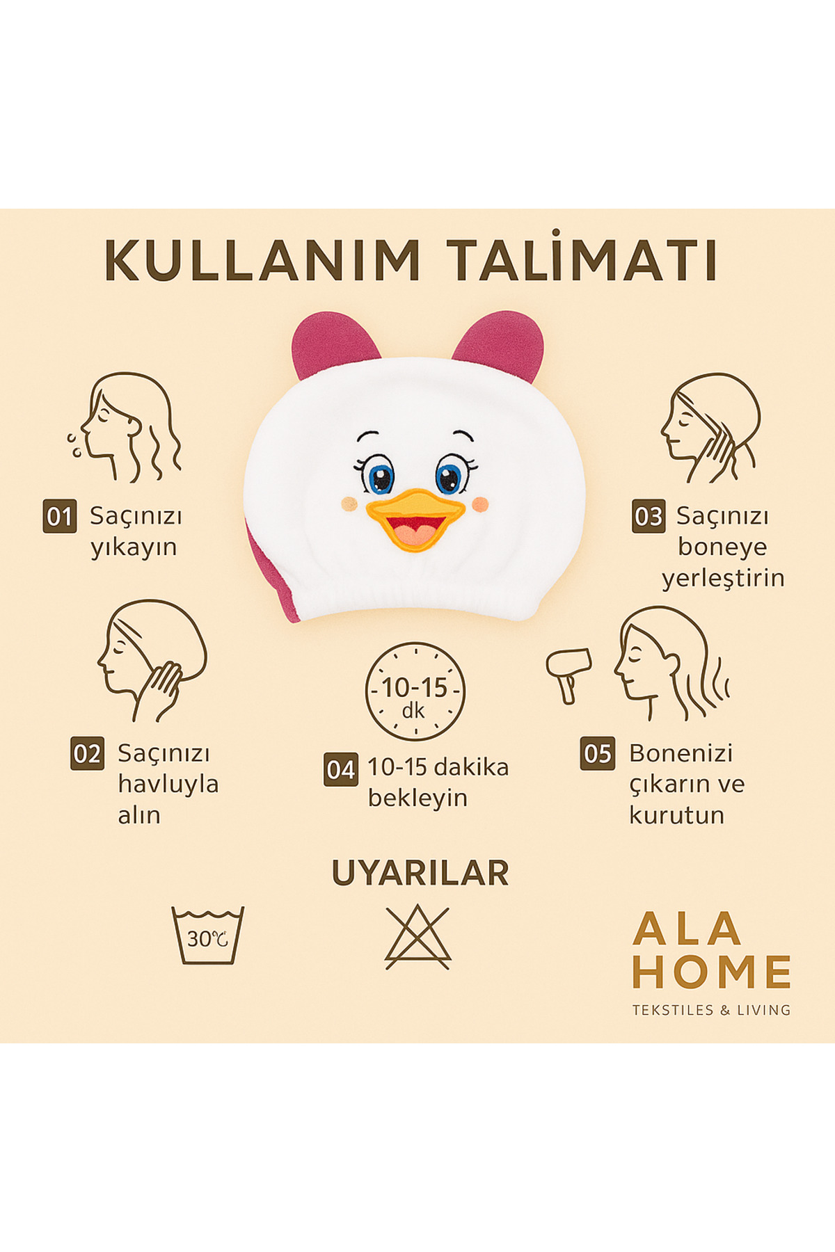 HOME ALA Pamuklu Ördek Nakışlı Saç Kurutma Bonesi - Görsel 3