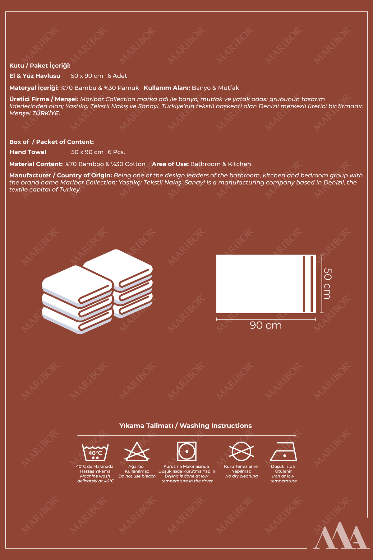 MARİBOR SHINE - %70 Bambu / %30 Pamuk Suzeni Nakışlı El Havlusu - 6'lı Set 50x90 - Görsel 3