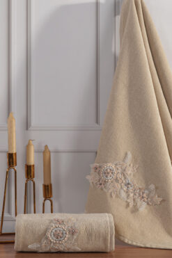 TİNİMİNİ HOME Güneş Güpürlü Kadife 2'lı Havlu Seti | Çeyizlik | Havlu Set | Hediye Havlu Set | Bej