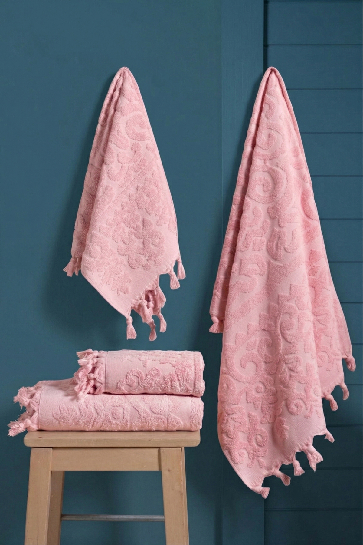 Bersay Tekstil %100 Pamuk 2'li Bağlamalı Lüks, Jakarlı, Çeyizlik Banyo Havlu Seti ( 1 Adet 50x90, 1 Adet 100x150 ) - Görsel 2