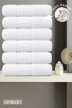 Anılsan 6'lı Greek Beyaz Banyo Havlusu - 70x140cm, 490gr, %100pamuk, Spa Ve Otel Havlusu