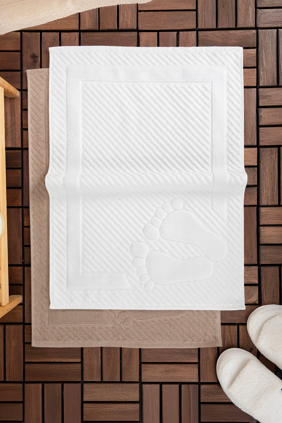 FAVORA Leoline %100 Pamuk Premium 2li Ayak Havlusu - Kahve - Beyaz - Görsel 3