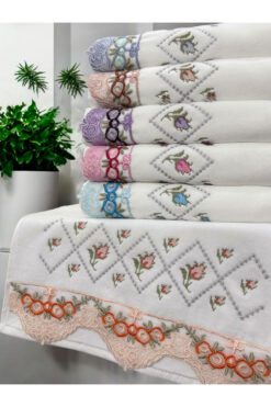 AYHANHOME 6 LI Kadife Lüks Fransız Güpürlü Renkli Nakışlı Çeyizlik 50x90 El ve Yüz Havlusu