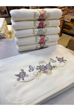 ŞENER HOME 6'lı Çınar Nakışlı Kadife El Havlusu 50x90cm Beyaz - OUTLET