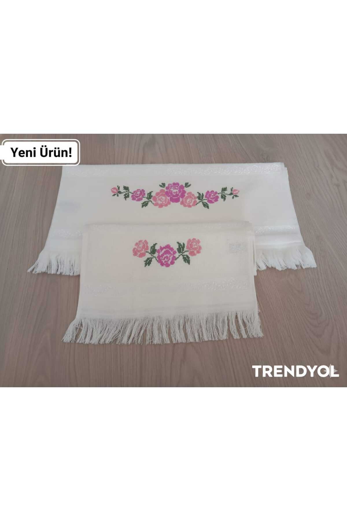 Fiesta Hediyelik Çeyizlik Kanaviçe Işlemeli Etamin Havlu Takım Beyaz - Görsel 2