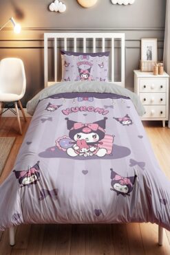 EVPANYA Mor Şeritli Oyuncu Kuromi Desenli Tek Kişilik Bebek Çocuk Nevresim Seti