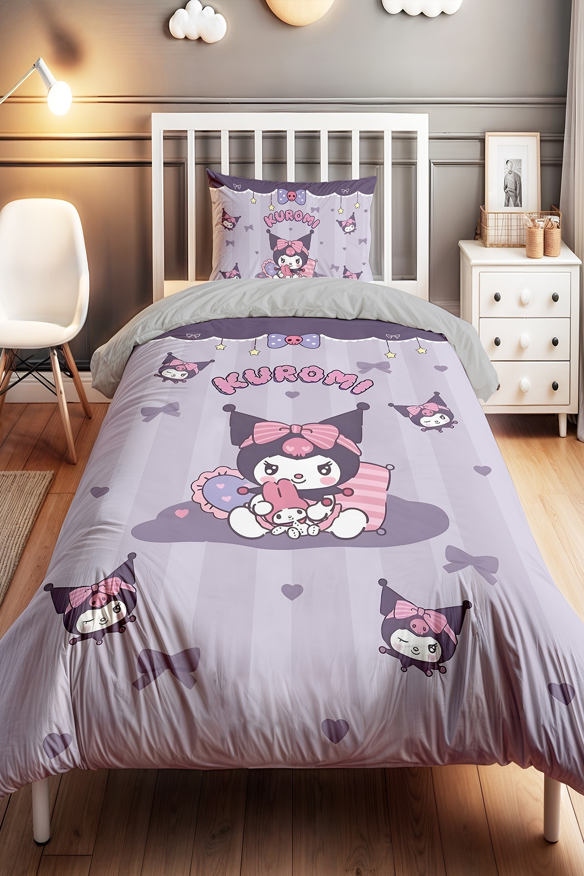 EVPANYA Mor Şeritli Oyuncu Kuromi Desenli Tek Kişilik Bebek Çocuk Nevresim Seti