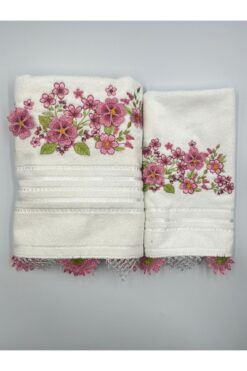 Şatilli Handmade İğne oyalı 3d Nakışlı kadife Analı-kızlı 50x90 yüz& 30x50 mutfak havlu seti tül keseli  koyu pembe