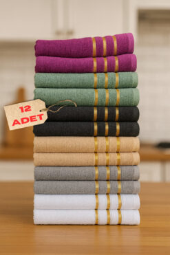 Mokita Home 12’li 30×50 Pamuk El/Yüz Havlusu Seti – Altın Şeritli, Bukle