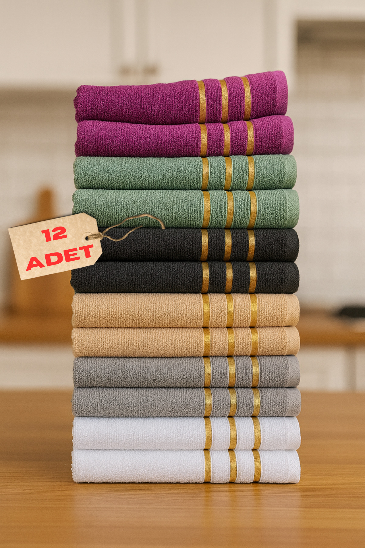 Mokita Home 12’li 30×50 Pamuk El/Yüz Havlusu Seti – Altın Şeritli, Bukle