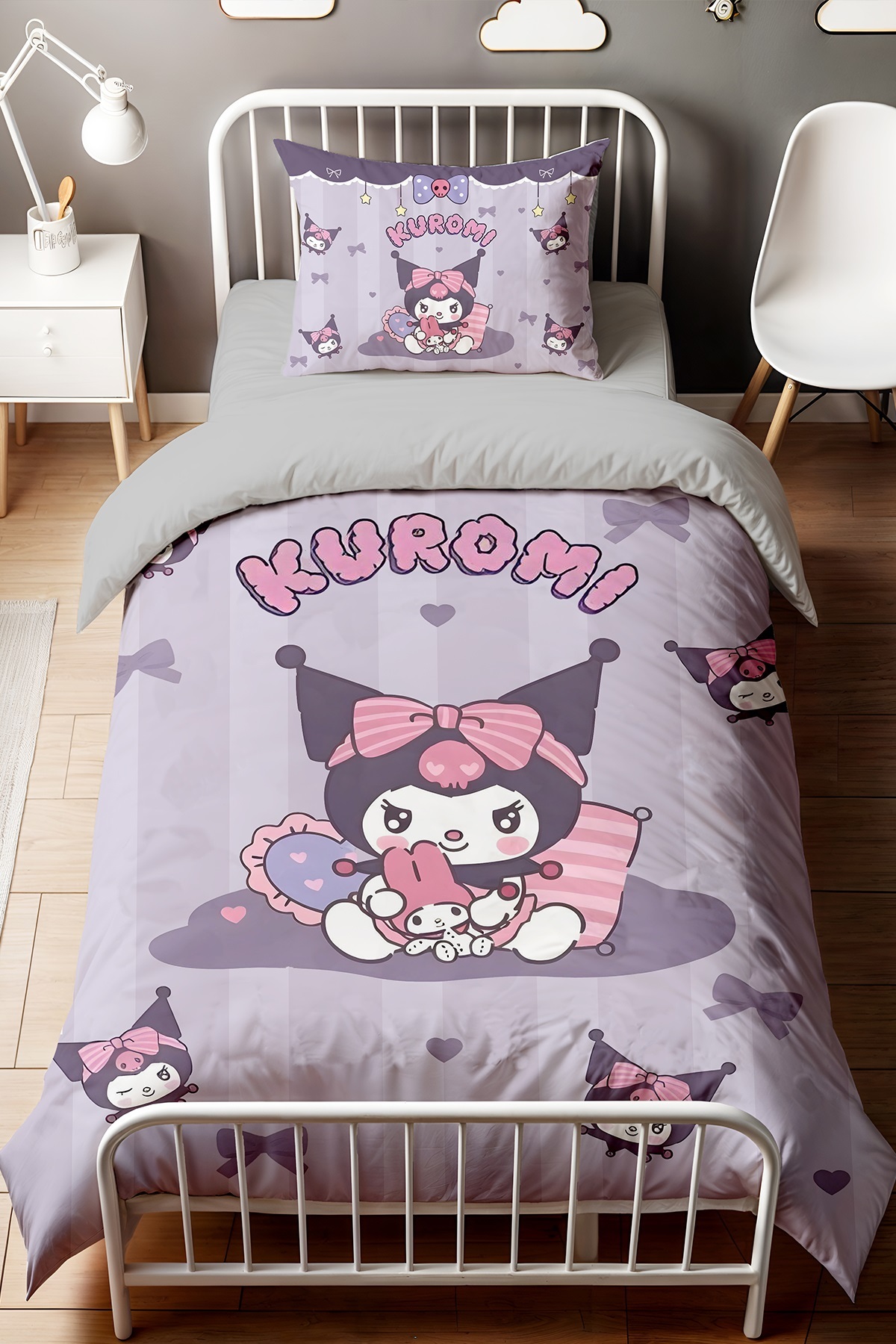 EVPANYA Mor Şeritli Oyuncu Kuromi Desenli Tek Kişilik Bebek Çocuk Nevresim Seti - Görsel 2