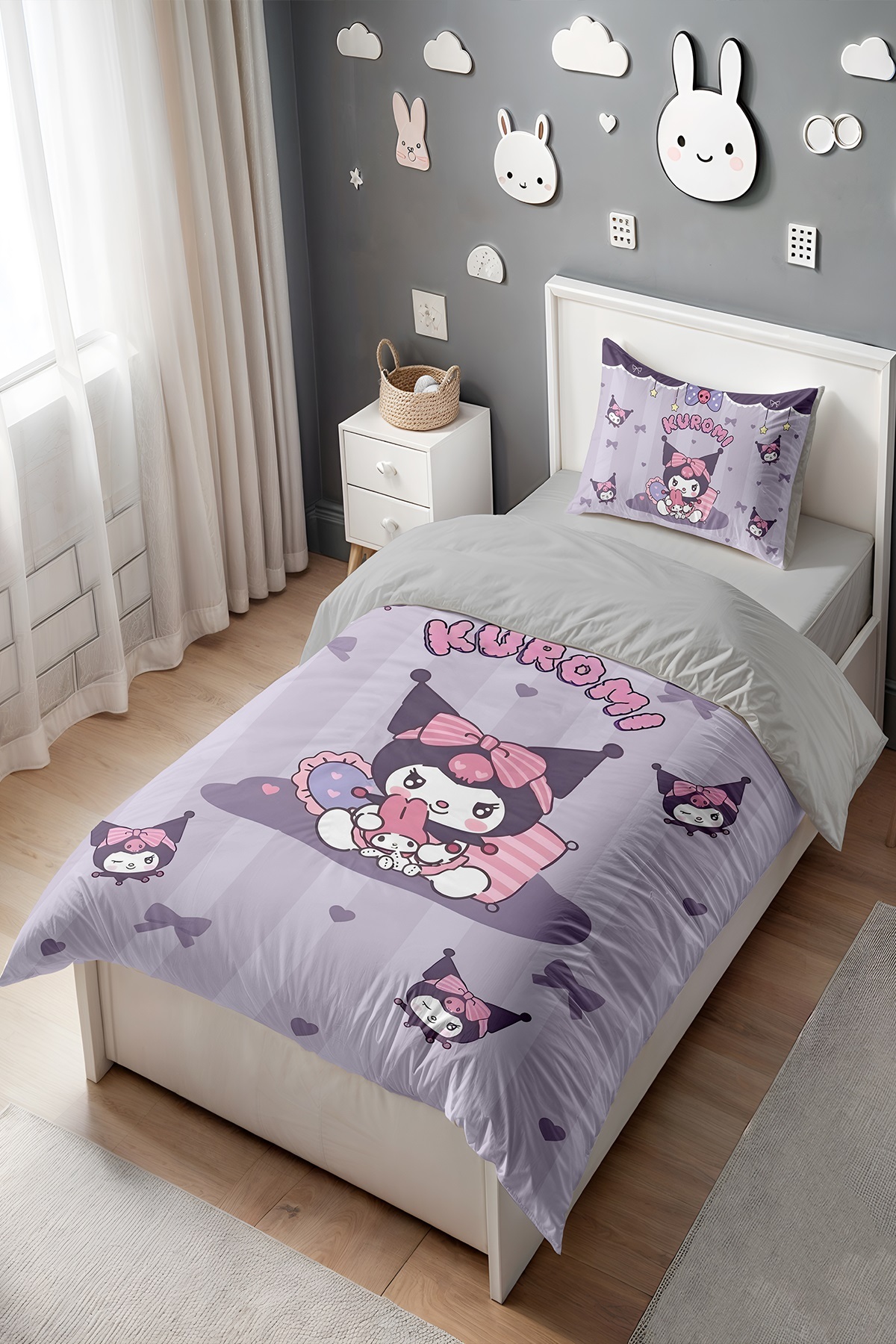 EVPANYA Mor Şeritli Oyuncu Kuromi Desenli Tek Kişilik Bebek Çocuk Nevresim Seti - Görsel 3