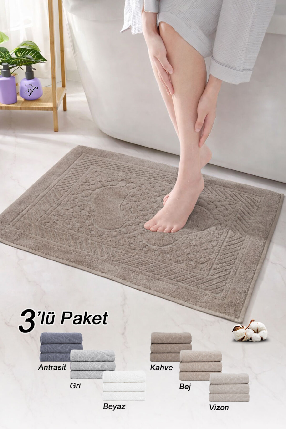 Vionel Home Pamuklu Ayak Havlusu | 3’lü Paket | Havlu Paspas Seti | Banyo Paspası | Otel Serisi | 50x70 cm