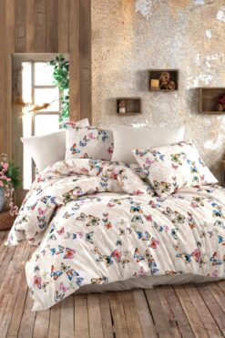 CANDAN ÇEYİZ Lastikli Çarşaflı Çift Kişilik Nevresim Takımı Kelebek Kahve