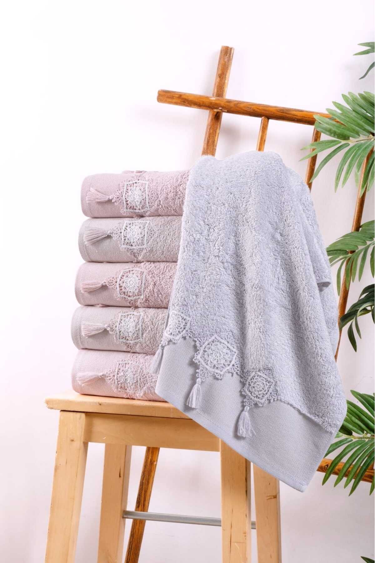 Fiesta Bambu 50x90 cm Dantelli Püsküllü 6 lı Pvc Çantalı El Yüz Havlusu