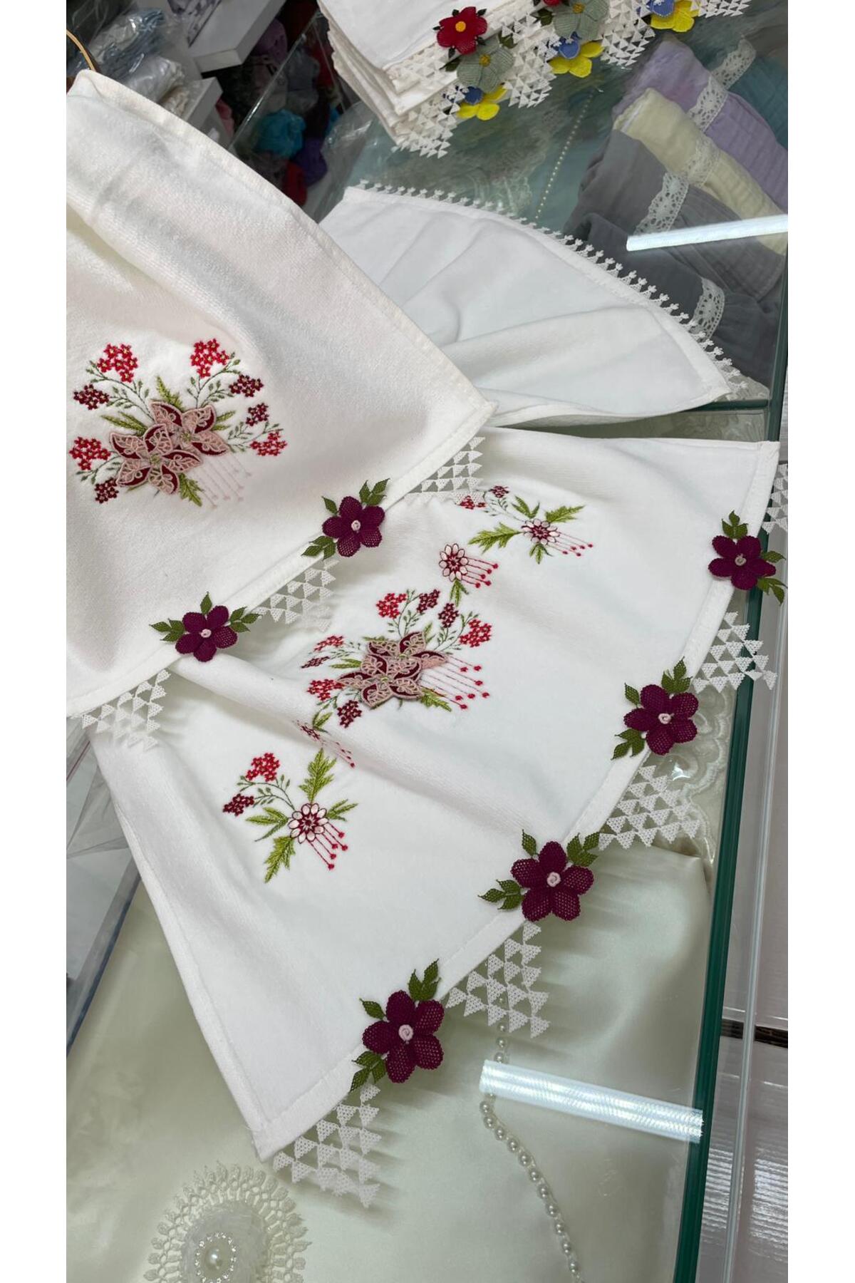 AHSEN TASARIM 3D NAKIŞLI ANALI KIZLI KADİFE SUNİ İPEK İPTEN İĞNE OYASI EL YÜZ HAVLUSU