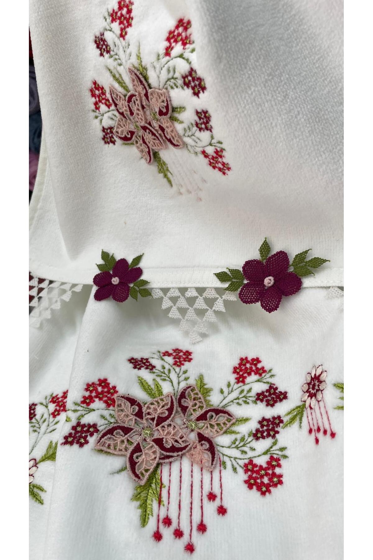 AHSEN TASARIM 3D NAKIŞLI ANALI KIZLI KADİFE SUNİ İPEK İPTEN İĞNE OYASI EL YÜZ HAVLUSU - Görsel 3