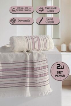 MODALİN Retro %100 Pamuk Banyo - Saç 2’li Havlu Takımı - 50x90, 70x140
