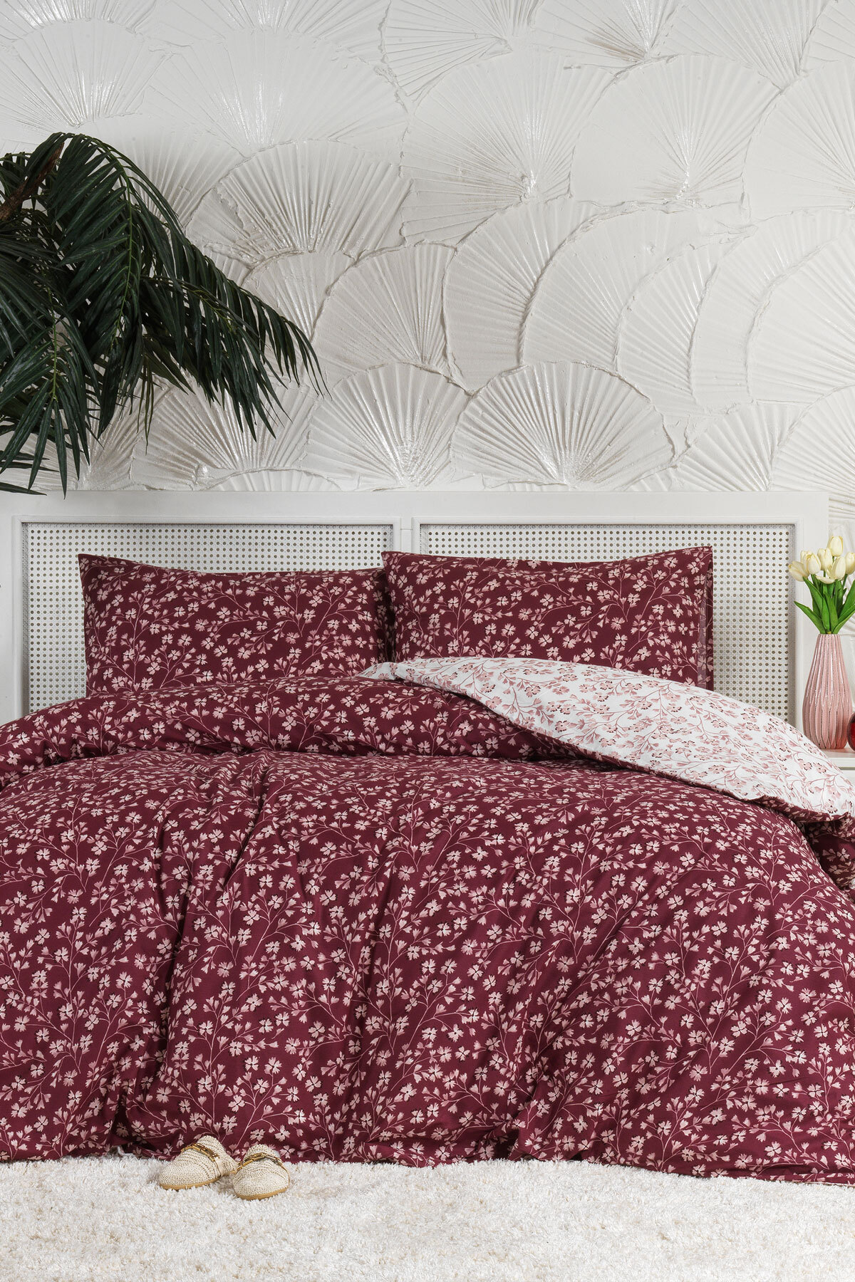 Elart Jasmin Nevresim Takımı Çift Kişilik %100 Pamuk Ranforce Lastikli Çarşaf (200x220 cm) Bordo