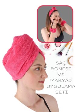 vosvera Saç Kurulama Bonesi Banyo Saç Kurulama Havlusu Ve Makyaj Uygulama Seti Fuşya