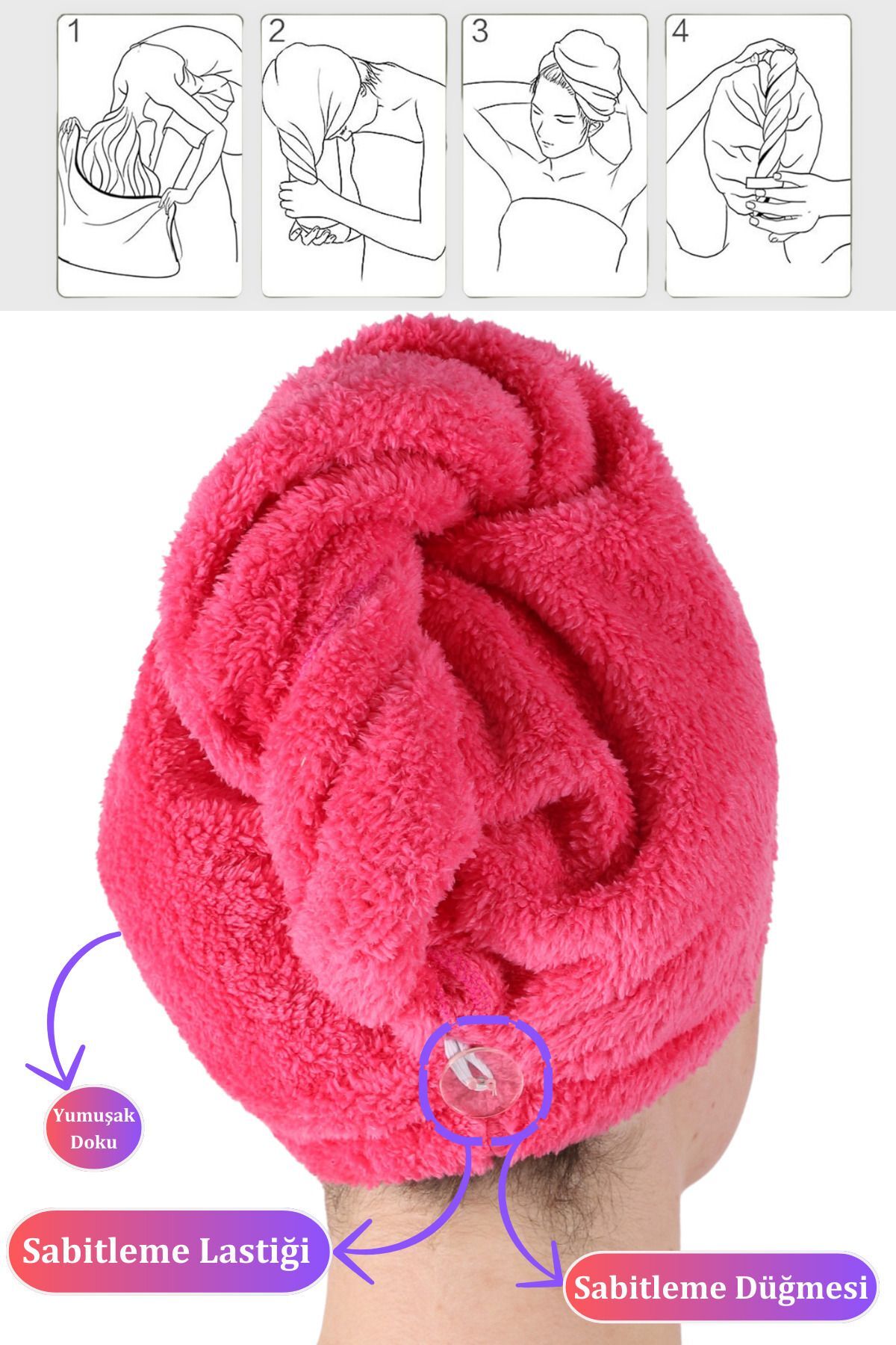 vosvera Saç Kurulama Bonesi Banyo Saç Kurulama Havlusu Ve Makyaj Uygulama Seti Fuşya - Görsel 2