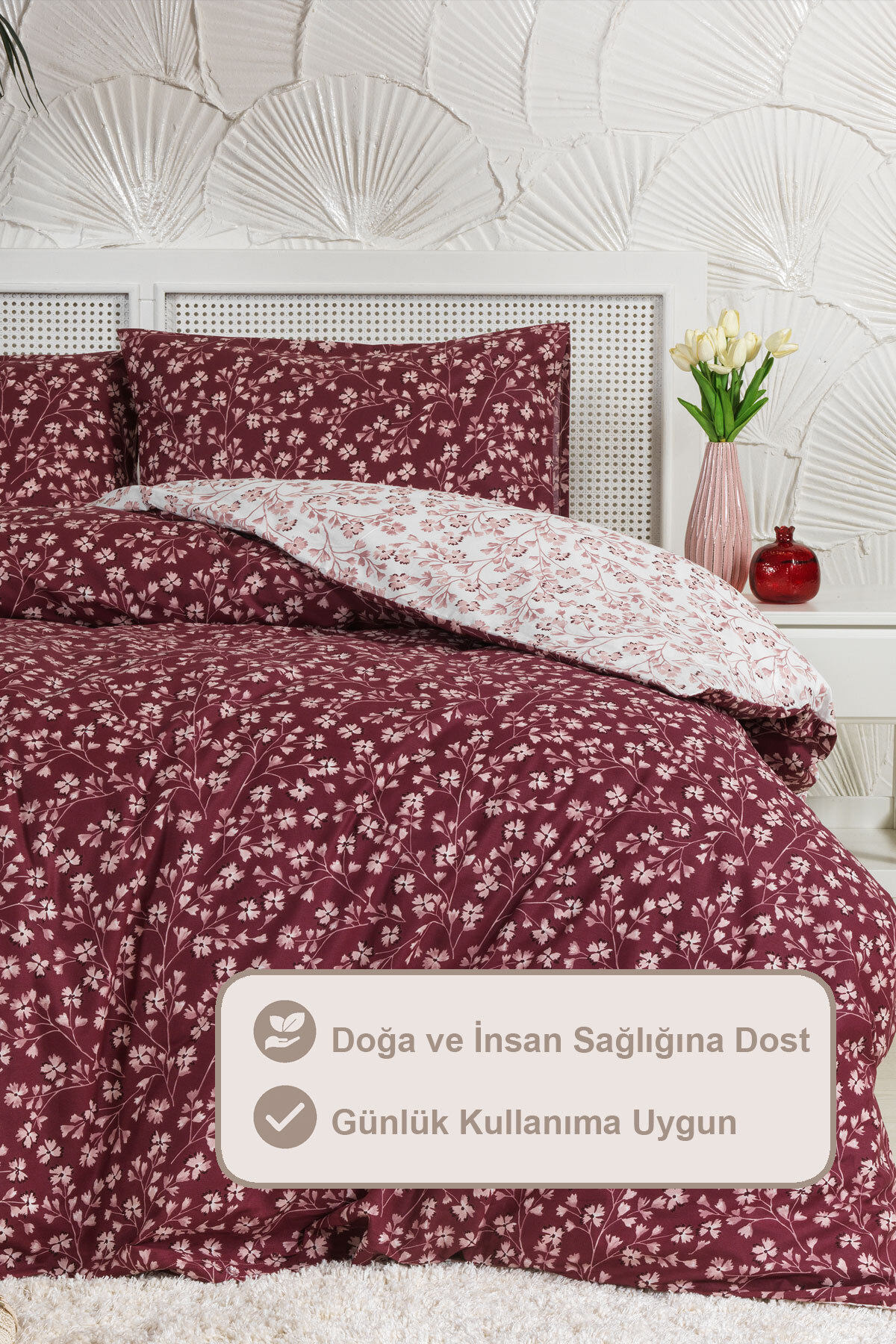 Elart Jasmin Nevresim Takımı Çift Kişilik %100 Pamuk Ranforce Lastikli Çarşaf (200x220 cm) Bordo - Görsel 2