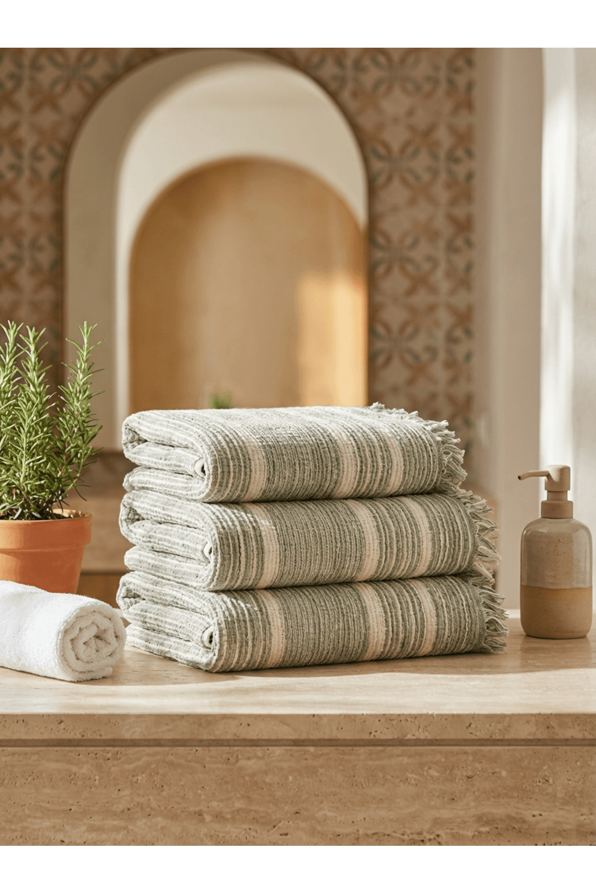 Monochrome Müslin Banyo ve Plaj Havlusu Peştemal-% 100 Pamuklu 4 Kat (100 cm x 190 cm) Ekru- Yeşil Çizgili