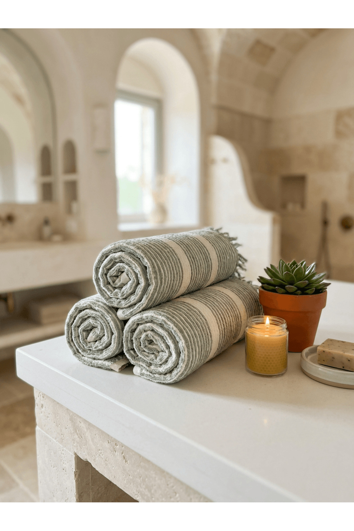 Monochrome Müslin Banyo ve Plaj Havlusu Peştemal-% 100 Pamuklu 4 Kat (100 cm x 190 cm) Ekru- Yeşil Çizgili - Görsel 2