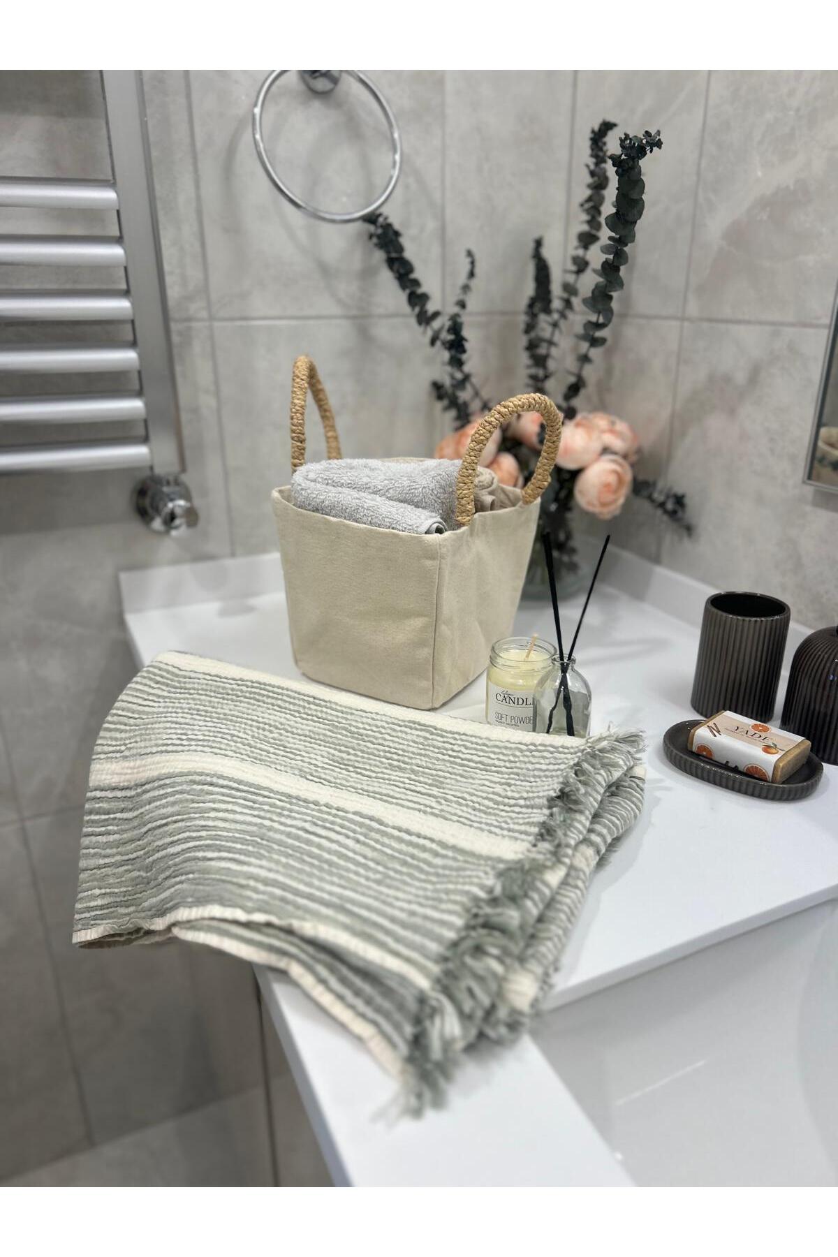 Monochrome Müslin Banyo ve Plaj Havlusu Peştemal-% 100 Pamuklu 4 Kat (100 cm x 190 cm) Ekru- Yeşil Çizgili - Görsel 3