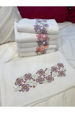 ŞENER HOME 6'lı Çınar Nakışlı Kadife El Havlusu 50x90cm Beyaz - OUTLET