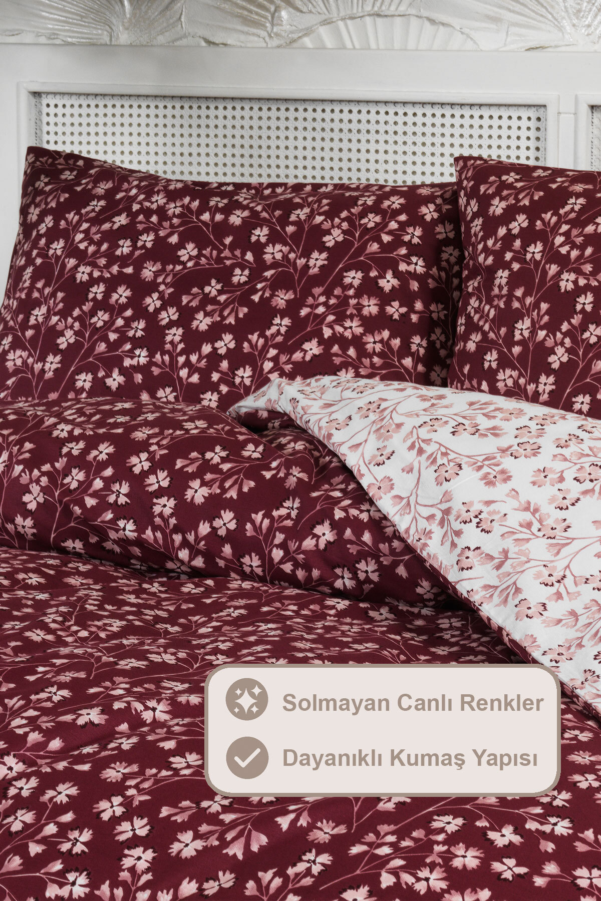 Elart Jasmin Nevresim Takımı Çift Kişilik %100 Pamuk Ranforce Lastikli Çarşaf (200x220 cm) Bordo - Görsel 3